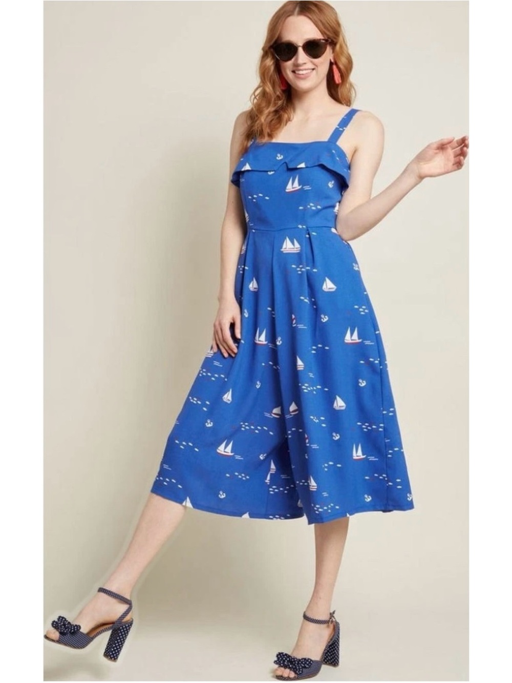 Modcloth Retro Blue Nautical Print Wide Leg  Jumper Size: L